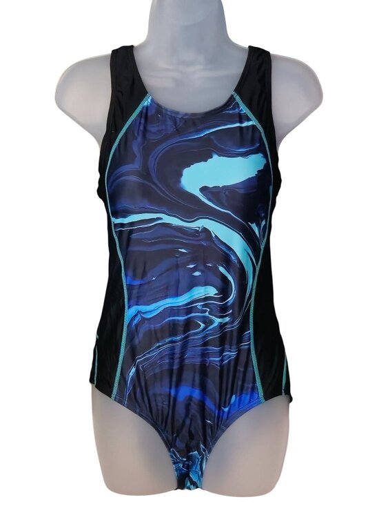 Mycharmo Other - Blue Black Swirl One-Piece Swimsuit M Racerback UPF 50+ Keyhole Lined